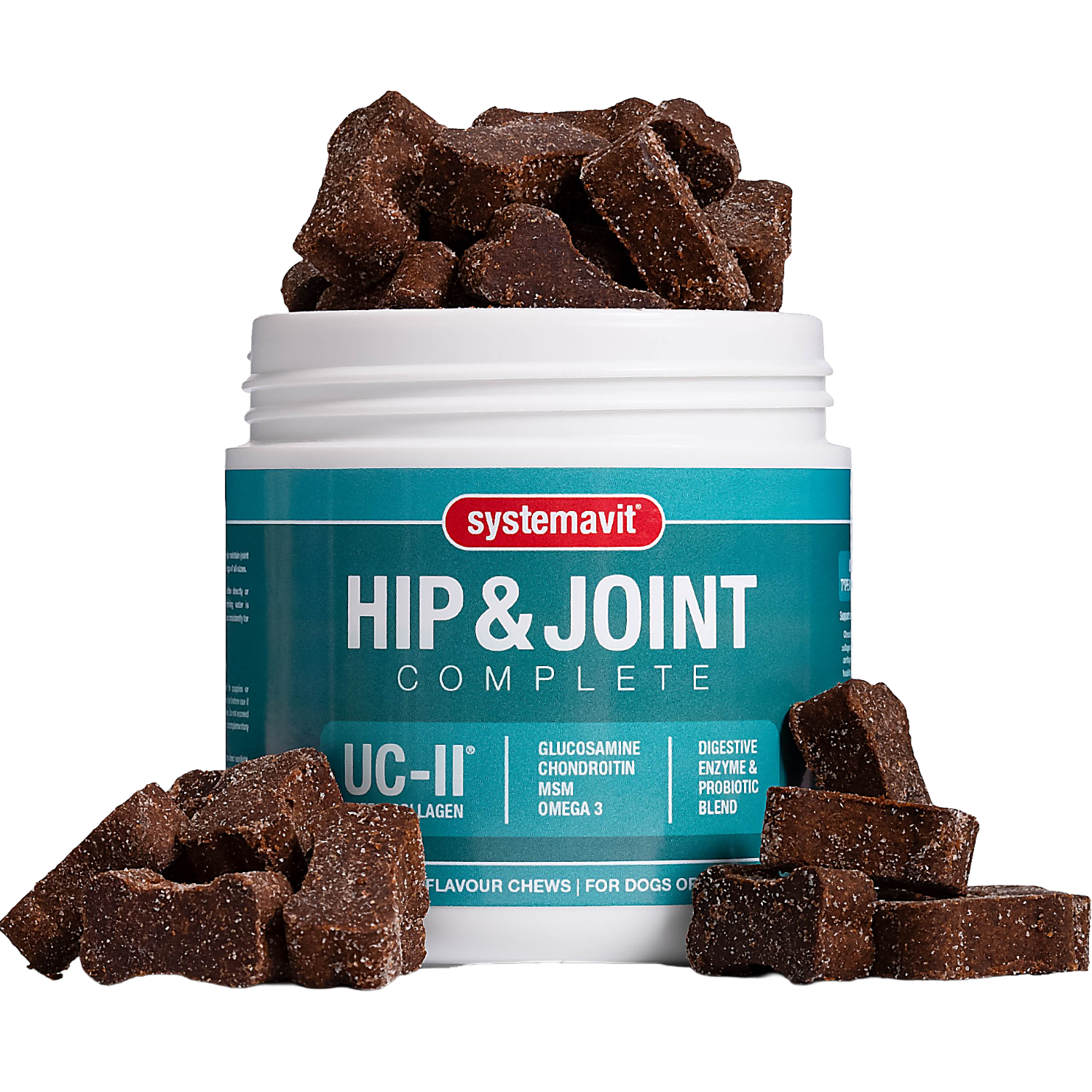 Open tub of Systemavit Hip & Joint Complete surrounded by bone-shaped soft chews.
