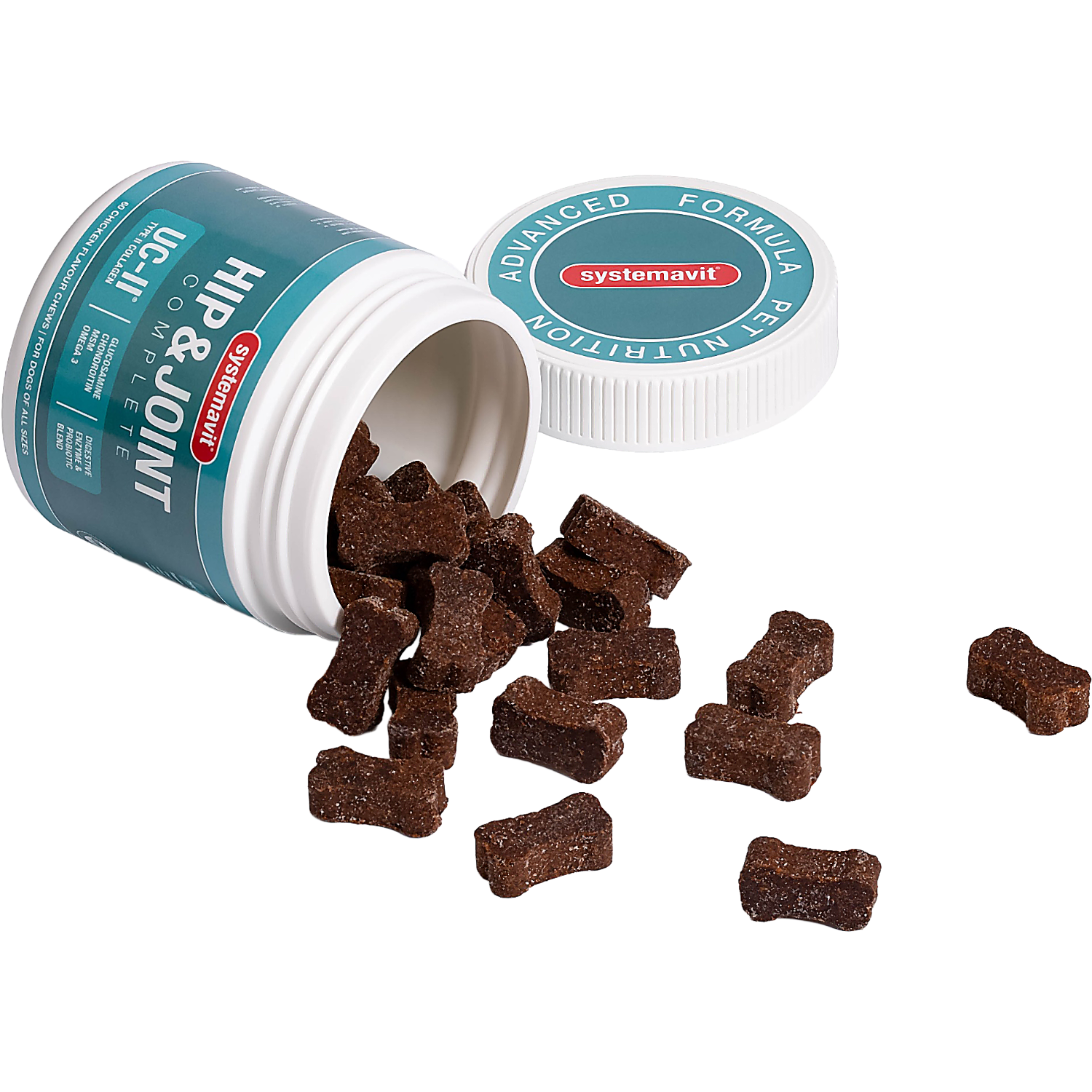 Tub of Systemavit Hip & Joint Complete beside several bone-shaped soft chews.