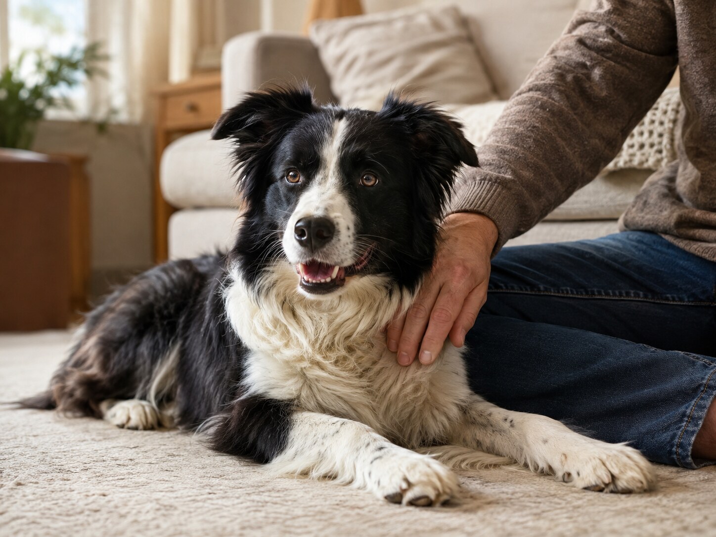 Border Collie relaxing at home beside its owner.