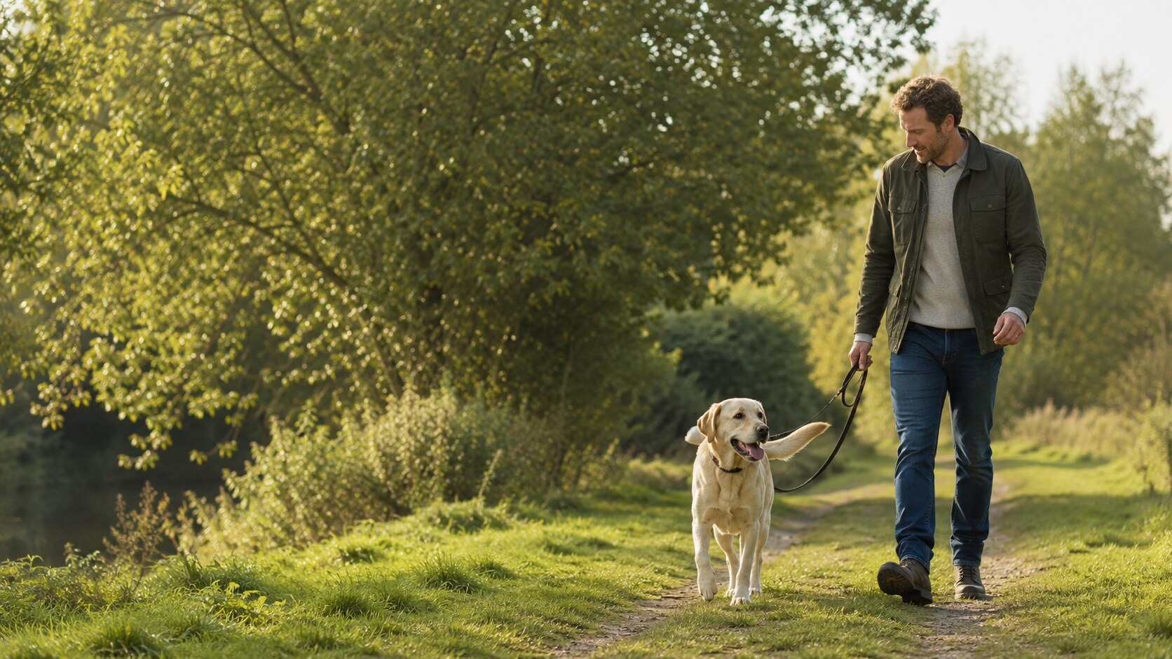 Golden retriever walking alongside its owner on a countryside path.