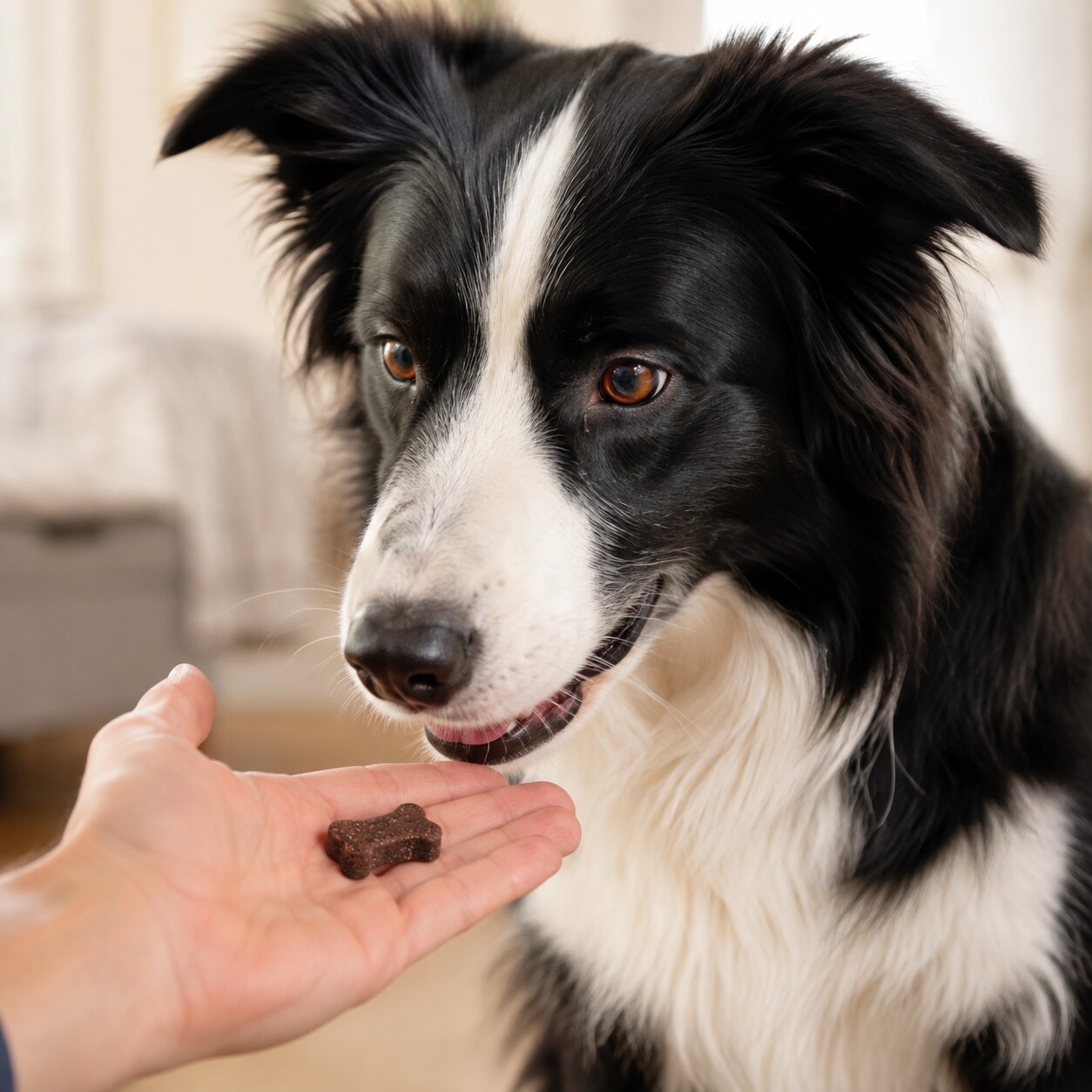 Border Collie being offered a bone-shaped Systemavit chew from its owner's palm.