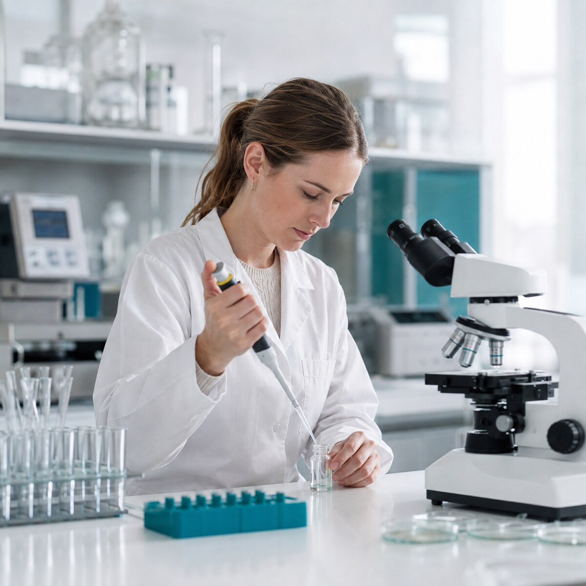 Nutritional scientist using a pipette beside a microscope in a modern laboratory.