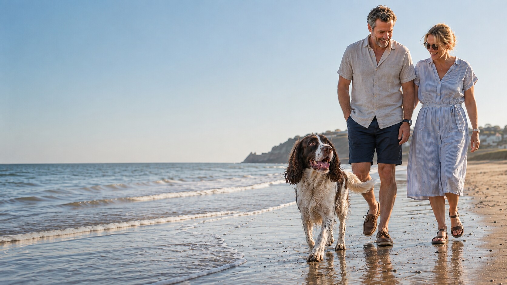 English Springer Spaniel walking on a beach with a couple wearing summer clothes.
