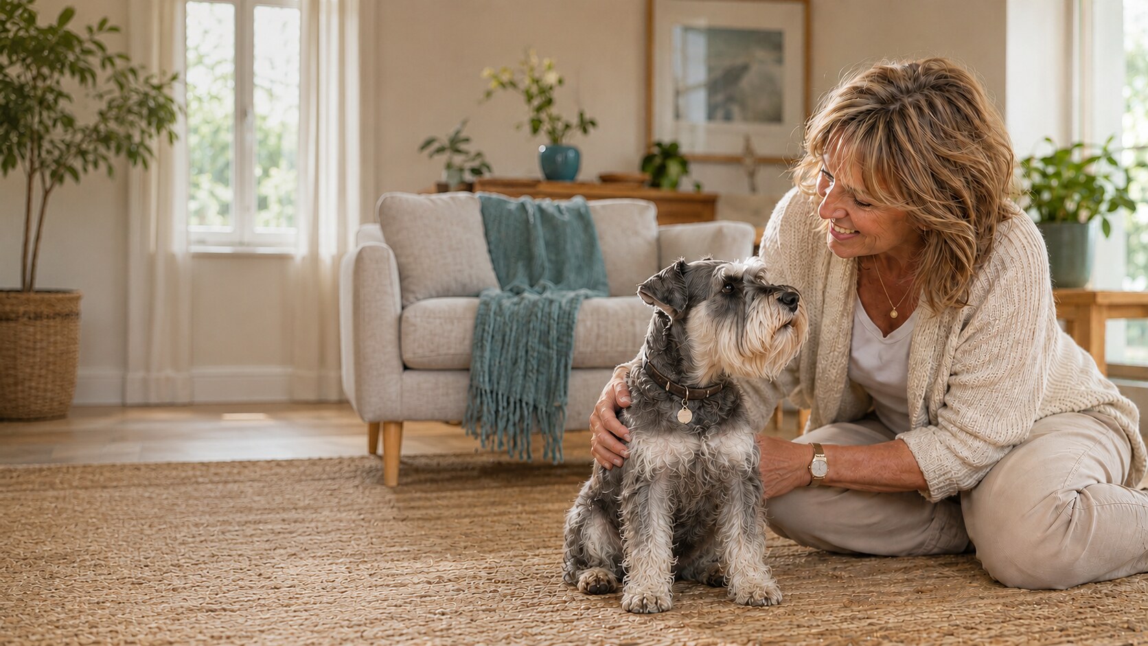 Woman sharing a relaxed moment at home with a seated Miniature Schnauzer.