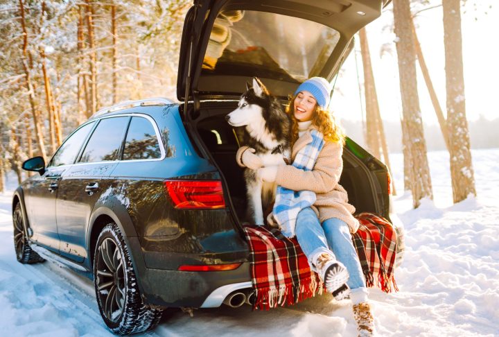 Woman helping a dog beside an open car boot on a snowy day.